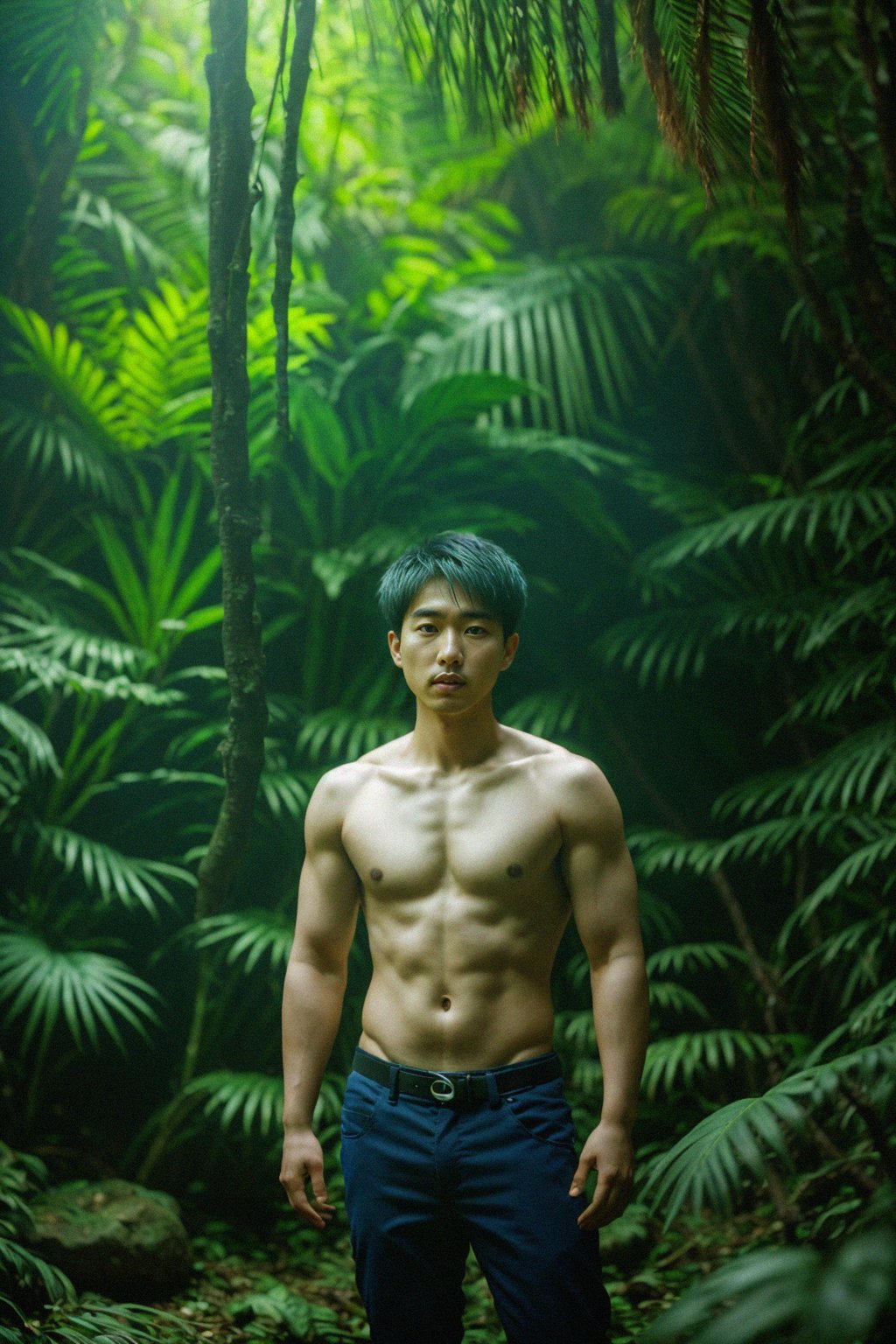 man exploring a dense jungle, with sunlight filtering through the canopy and creating a mystical ambiance