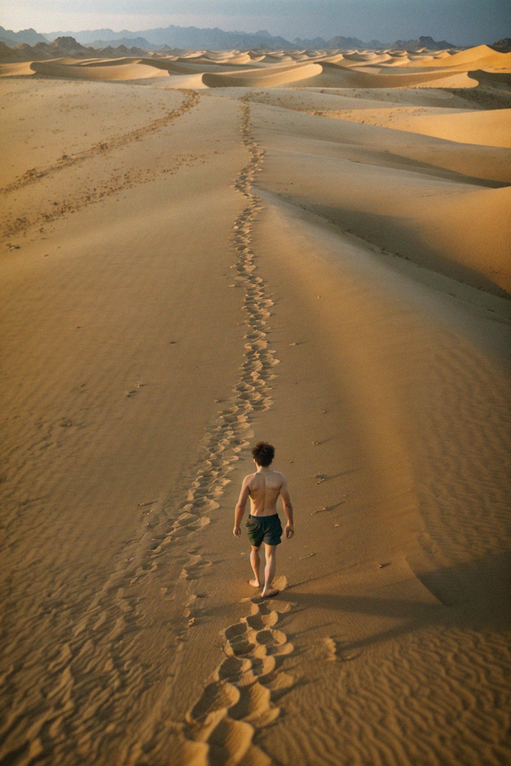 man walking barefoot along a sandy desert dune, connecting with the raw and vast expanse of nature