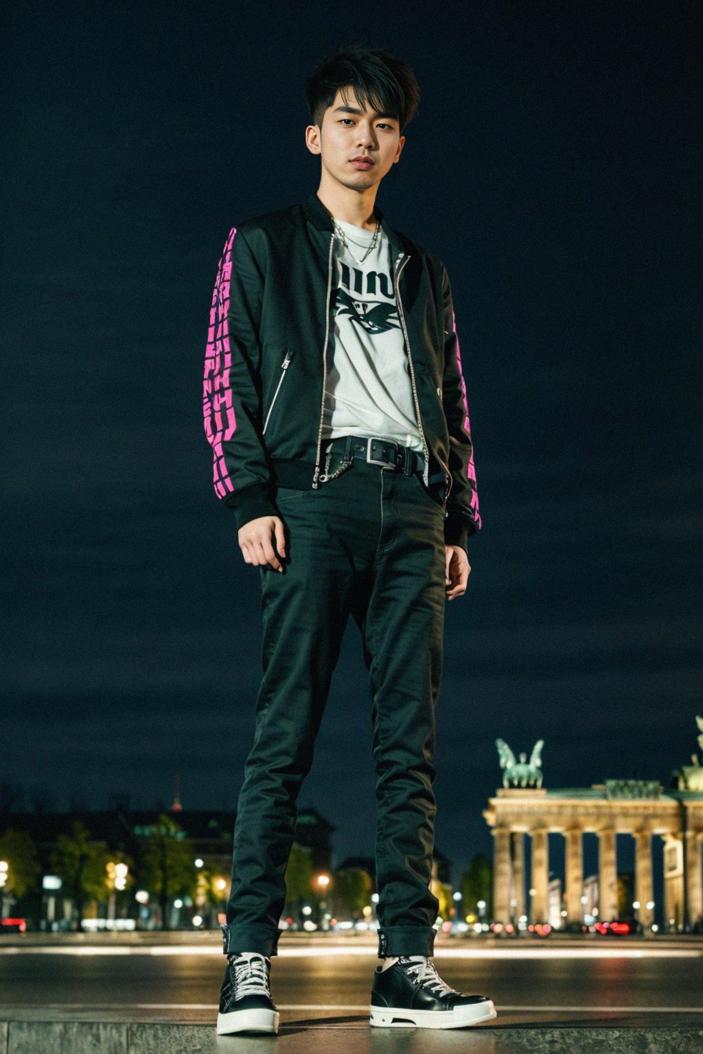 sharp and trendy man in Berlin wearing a punk-inspired outfit, Brandenburg Gate in the background