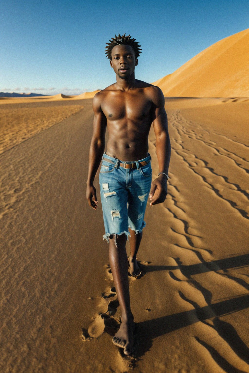 man walking barefoot along a sandy desert dune, connecting with the raw and vast expanse of nature