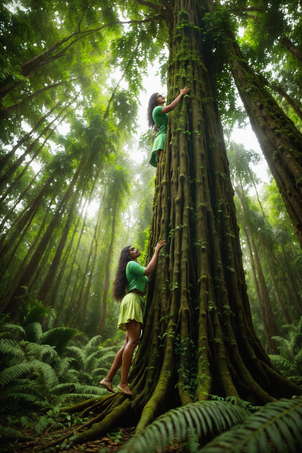 woman embracing a towering tree in a lush forest, capturing the sense of strength and grounding that nature provides