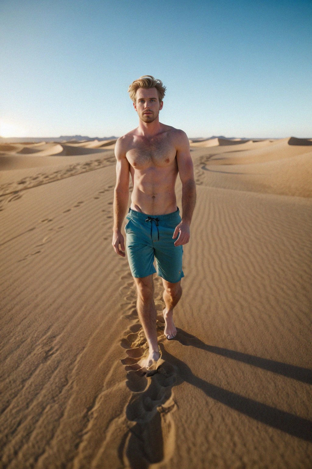 man walking barefoot along a sandy desert dune, connecting with the raw and vast expanse of nature