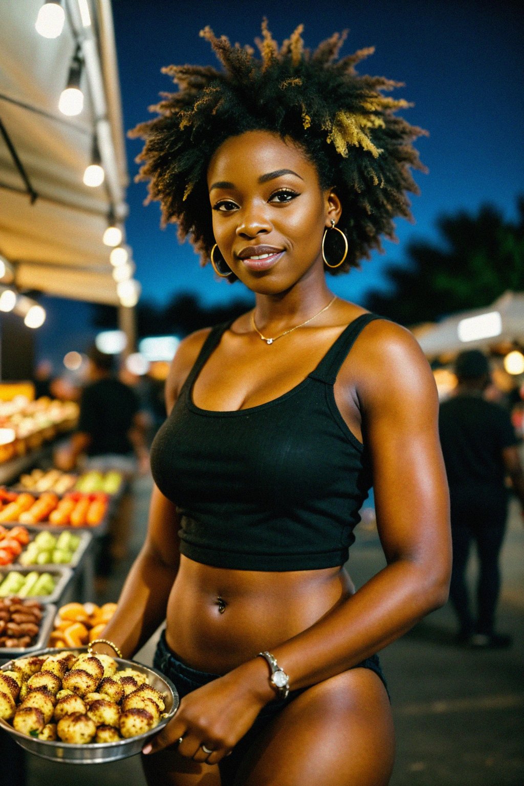 woman at a pop-up food market at night, combining the love for street food with nightlife