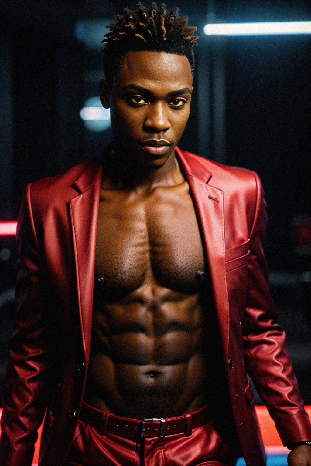 man wearing  (red suit) in night club neon lights