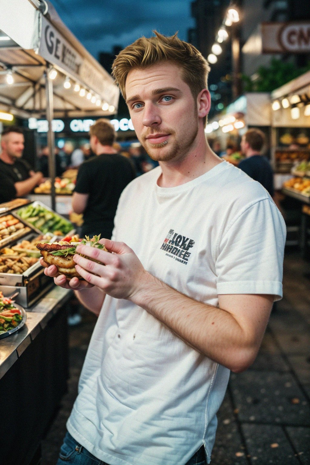 man at a pop-up food market at night, combining the love for street food with nightlife