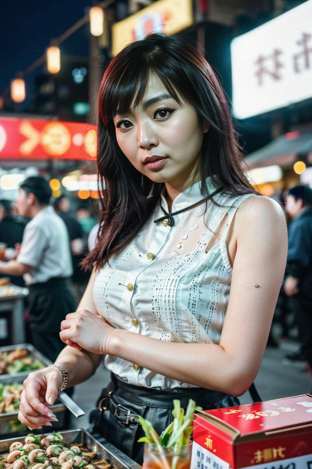 woman at a pop-up food market at night, combining the love for street food with nightlife