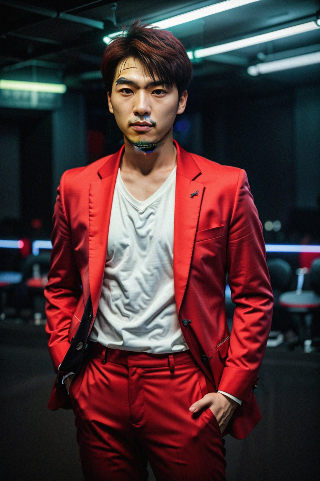 man wearing  (red suit) in night club neon lights