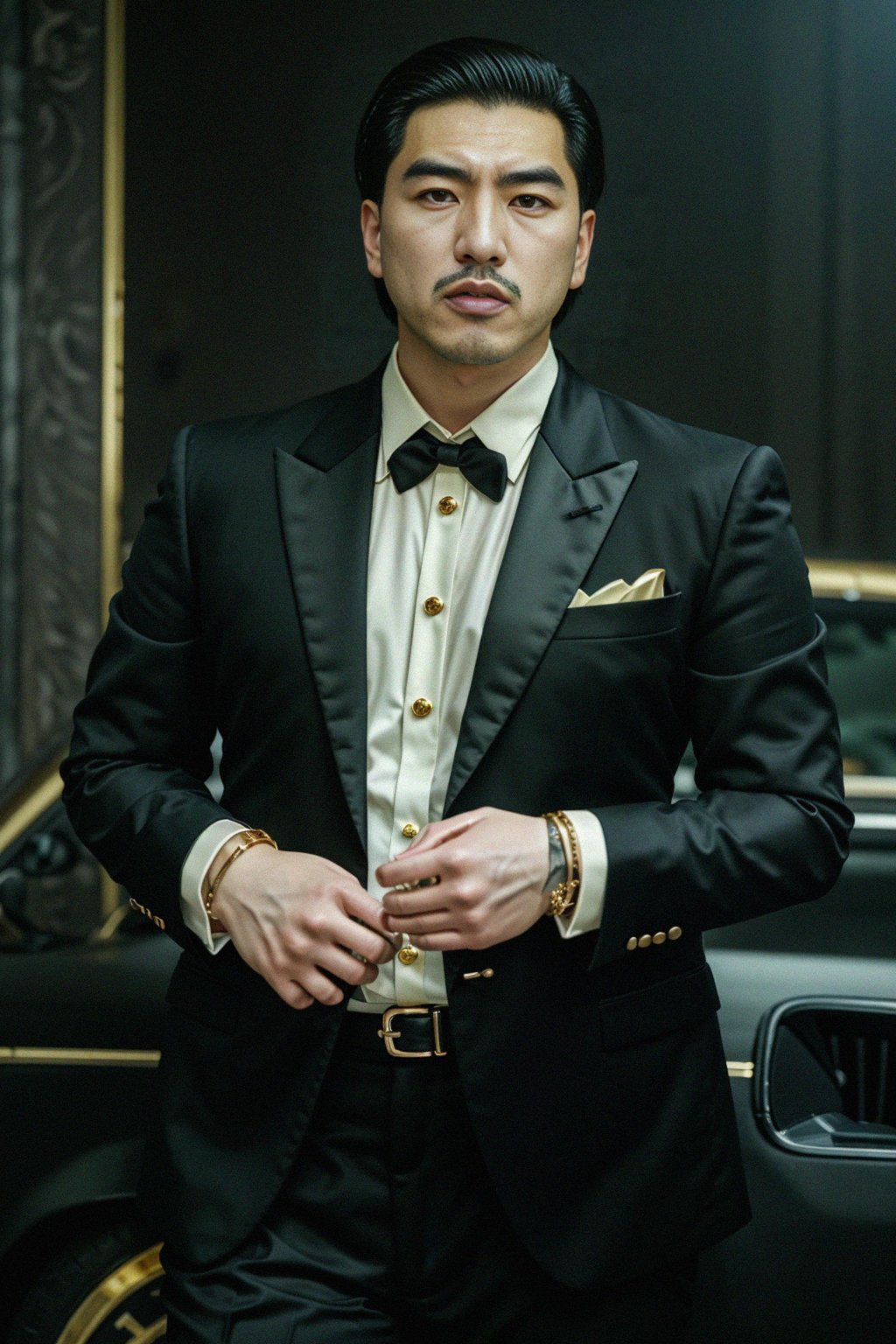 beautiful man as a mobster, mafia, mafia outfit, tailored suits, chunky gold jewelry, mafia aesthetic, flashy, glamorous, luxury, loud, Goodfellas, The Sopranos, Mob Wives, opulence, confidence