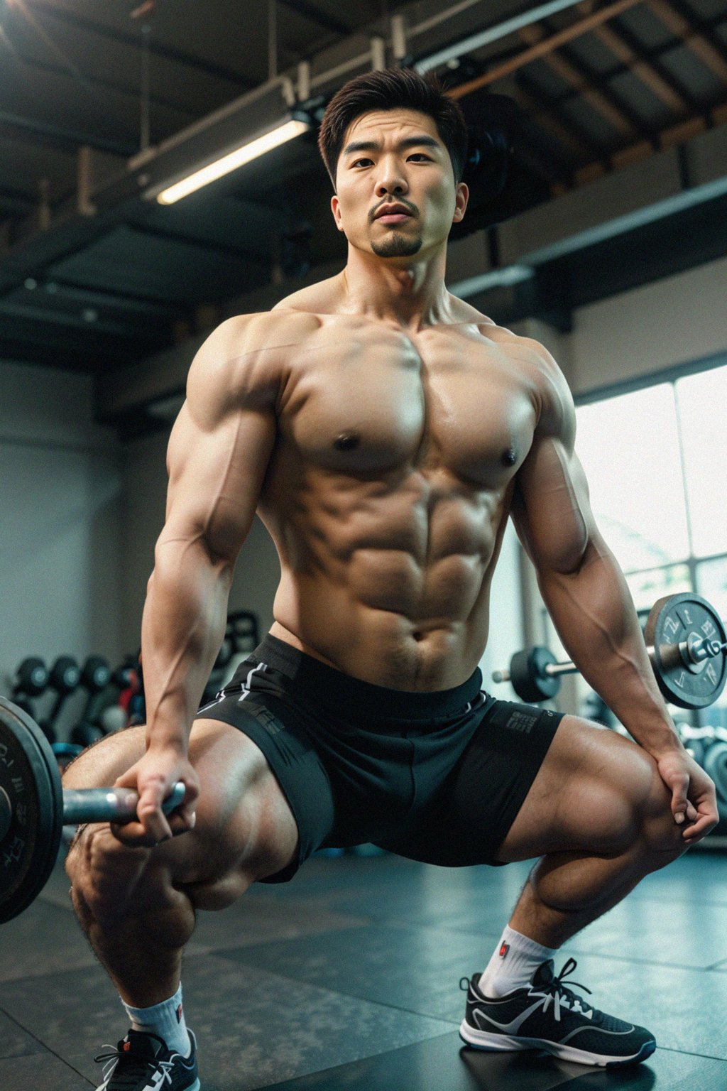 a fit male  man as fitness influencer executing a deadlift with perfect form in the gym, demonstrating superior strength and technique