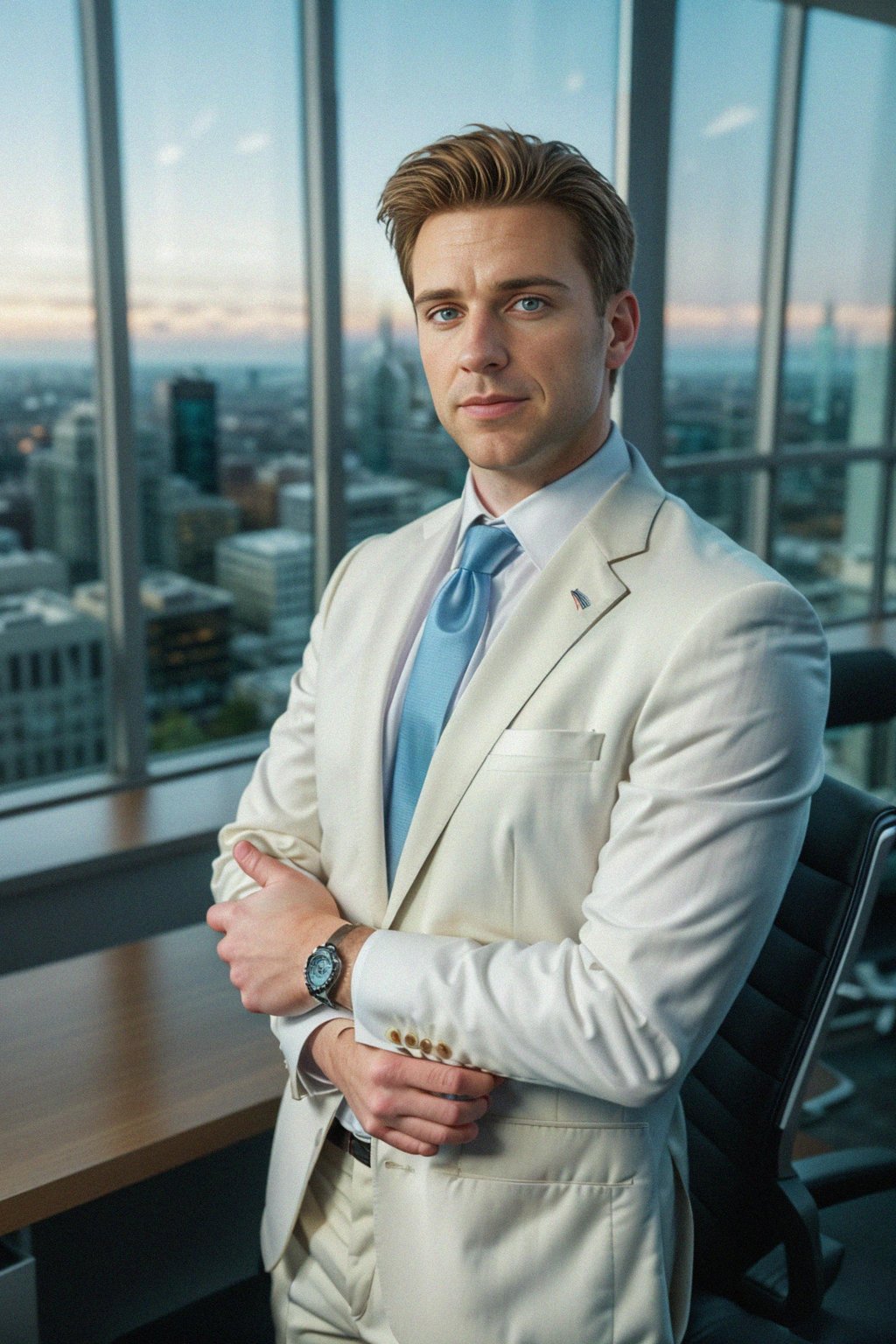 8k professional headshot of man, crisp details, studio backdrop, executive attire, confident posture, neutral expression, high-definition, corporate setting, sharp focus, ambient lighting, business professional, cityscape view