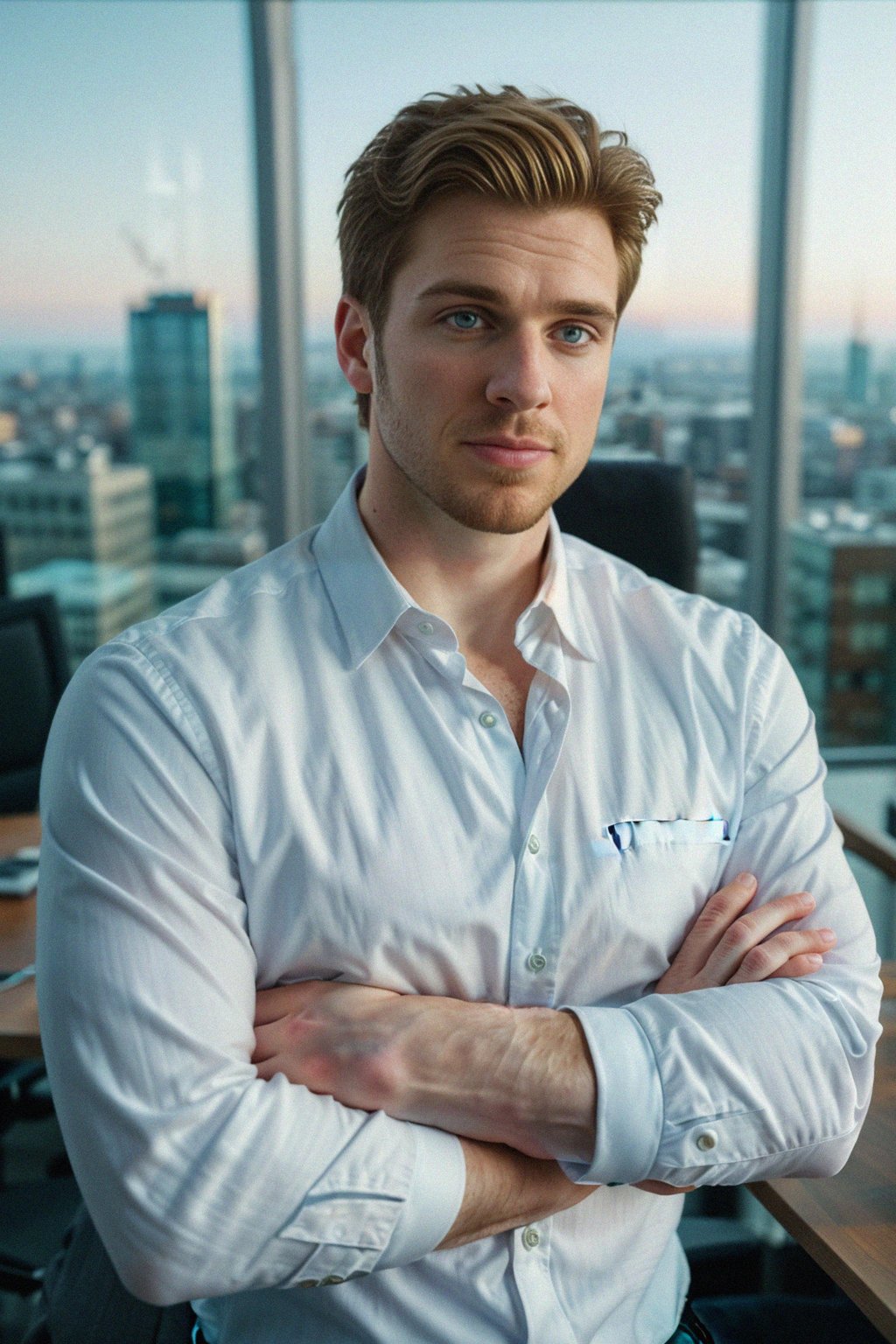 8k professional headshot of man, crisp details, studio backdrop, executive attire, confident posture, neutral expression, high-definition, corporate setting, sharp focus, ambient lighting, business professional, cityscape view