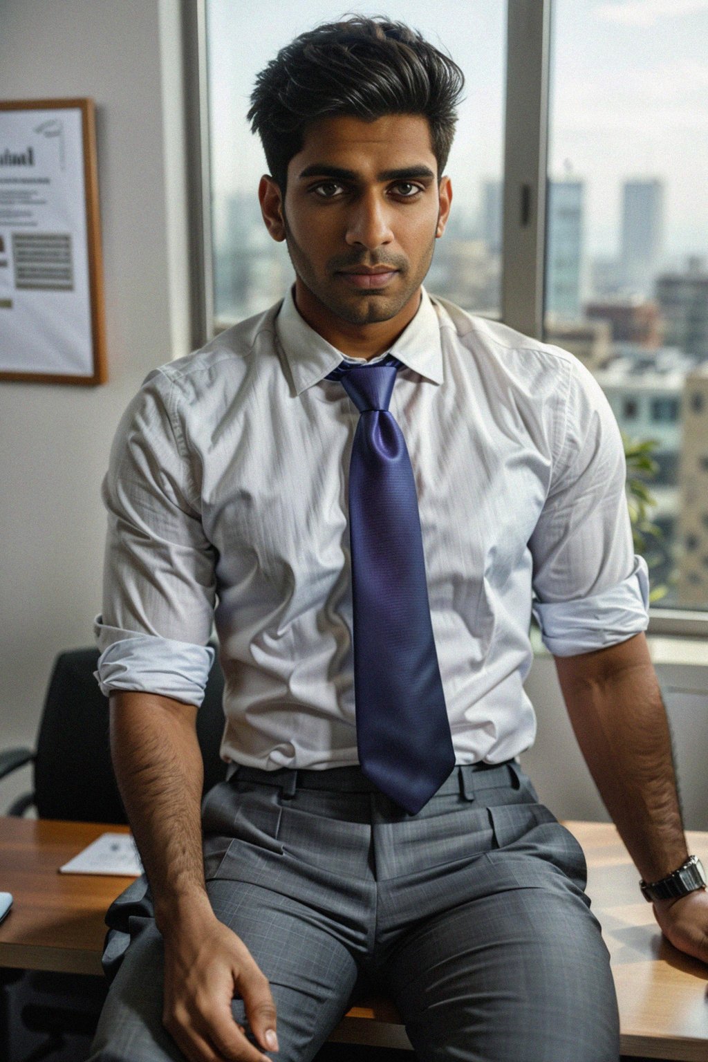 headshot of man, sitting at a desk, at a (office),  shirt and tie and suit pants