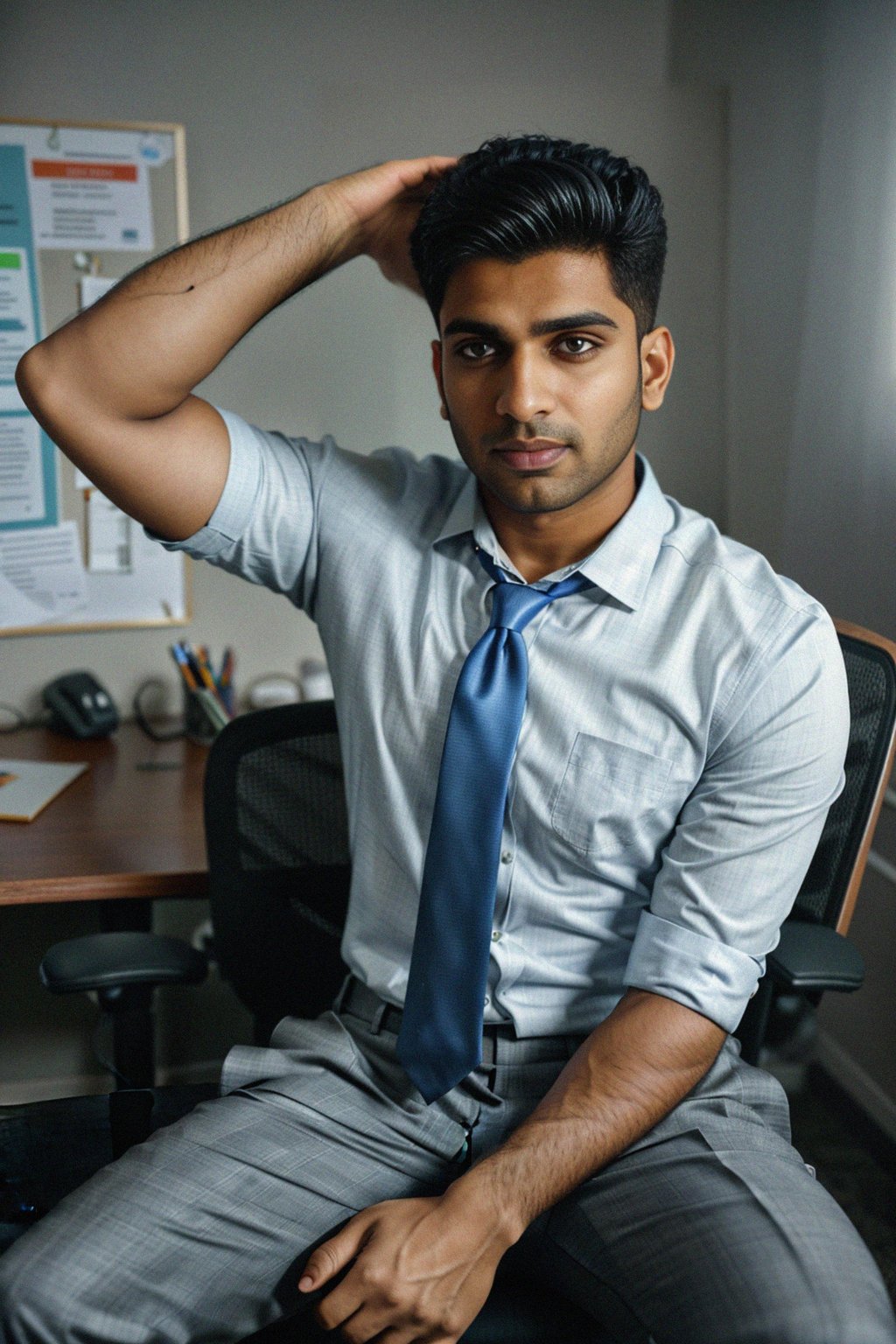 headshot of man, sitting at a desk, at a (office),  shirt and tie and suit pants