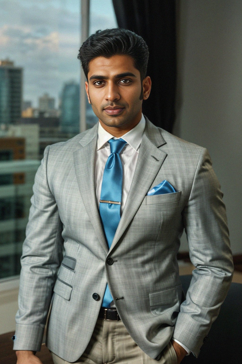 8k professional headshot of man, crisp details, studio backdrop, executive attire, confident posture, neutral expression, high-definition, corporate setting, sharp focus, ambient lighting, business professional, cityscape view