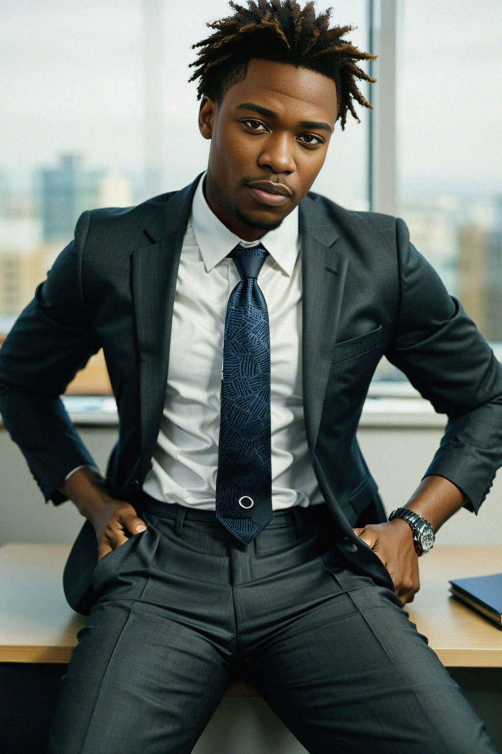 headshot of man, sitting at a desk, at a (office),  shirt and tie and suit pants