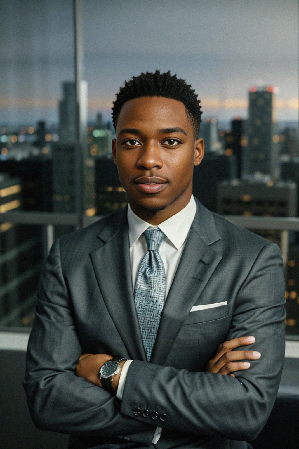 8k professional headshot of man, crisp details, studio backdrop, executive attire, confident posture, neutral expression, high-definition, corporate setting, sharp focus, ambient lighting, business professional, cityscape view