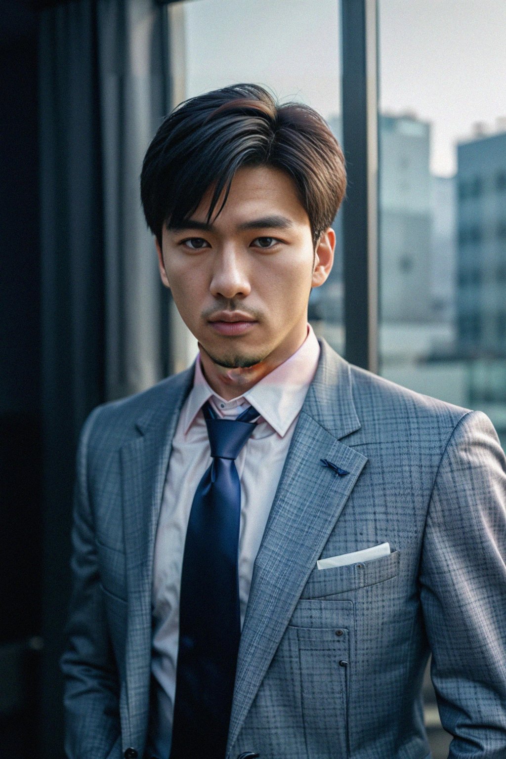 handsome and stylish man wearing a classic navy herringbone suit with a light pink dress shirt and a polka dot tie
