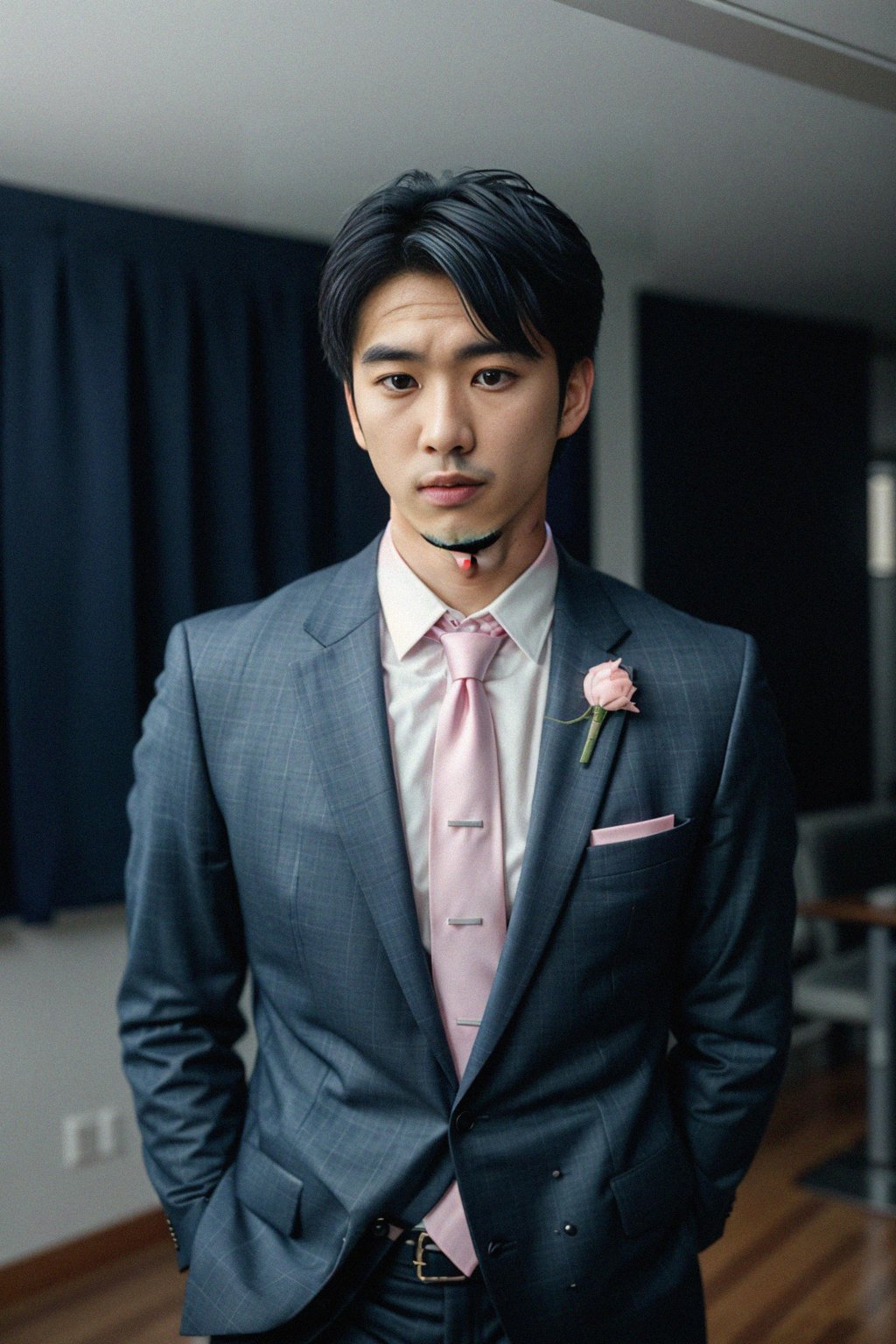 handsome and stylish man wearing a classic navy herringbone suit with a light pink dress shirt and a polka dot tie