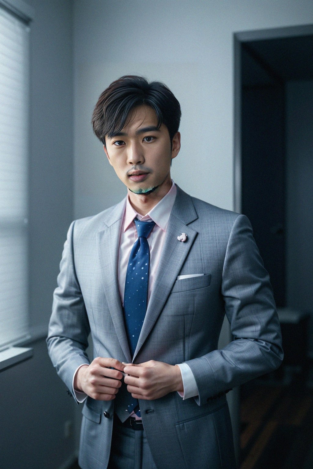 handsome and stylish man wearing a classic navy herringbone suit with a light pink dress shirt and a polka dot tie