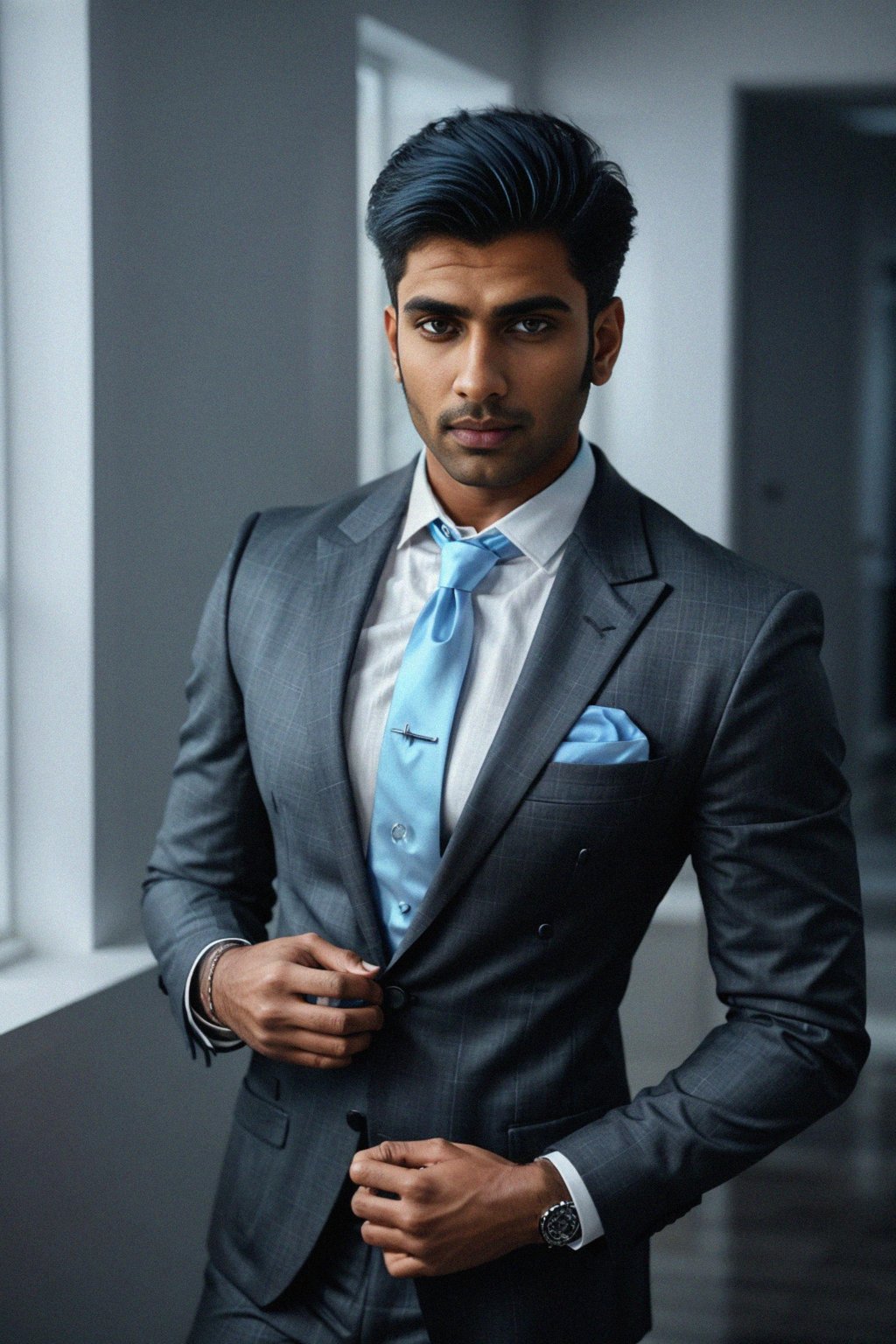 handsome and stylish man showcasing a modern slim-fit charcoal with a light blue dress shirt and a contrasting pocket square