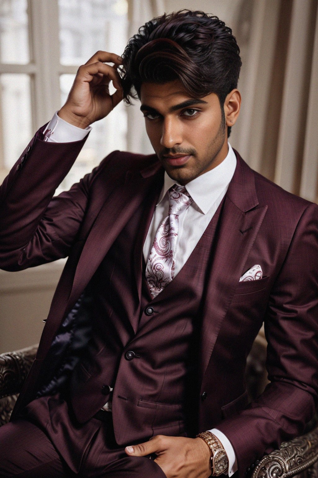 handsome and stylish man trying on a stylish three-piece suit in a rich burgundy color with a crisp white shirt and a paisley patterned pocket square