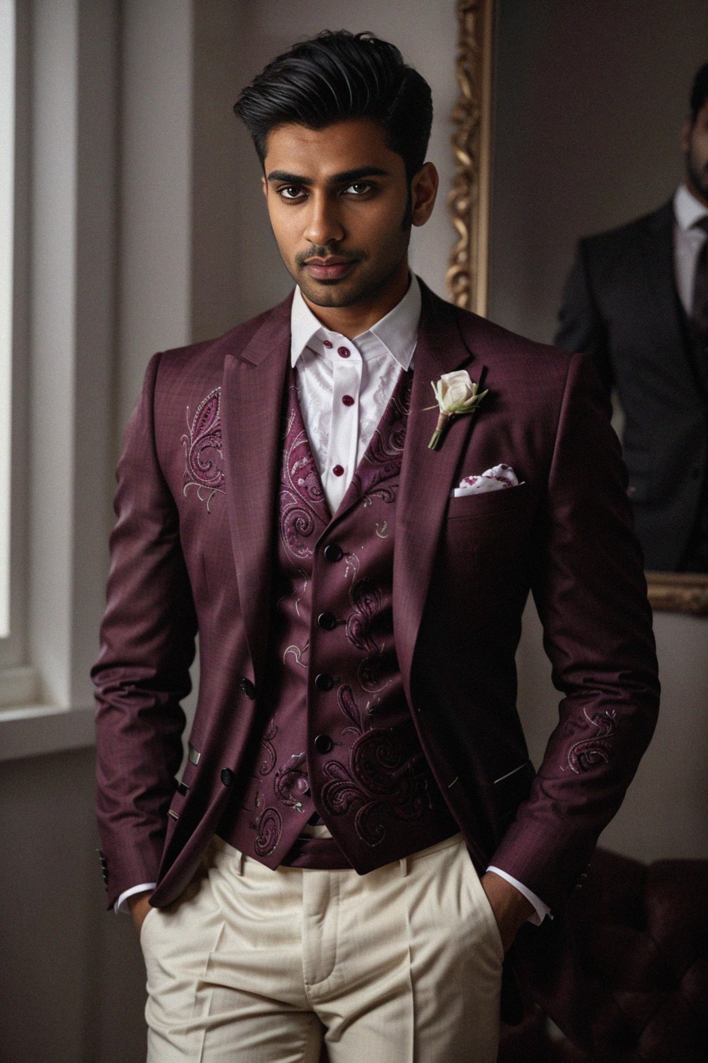 handsome and stylish man trying on a stylish three-piece suit in a rich burgundy color with a crisp white shirt and a paisley patterned pocket square