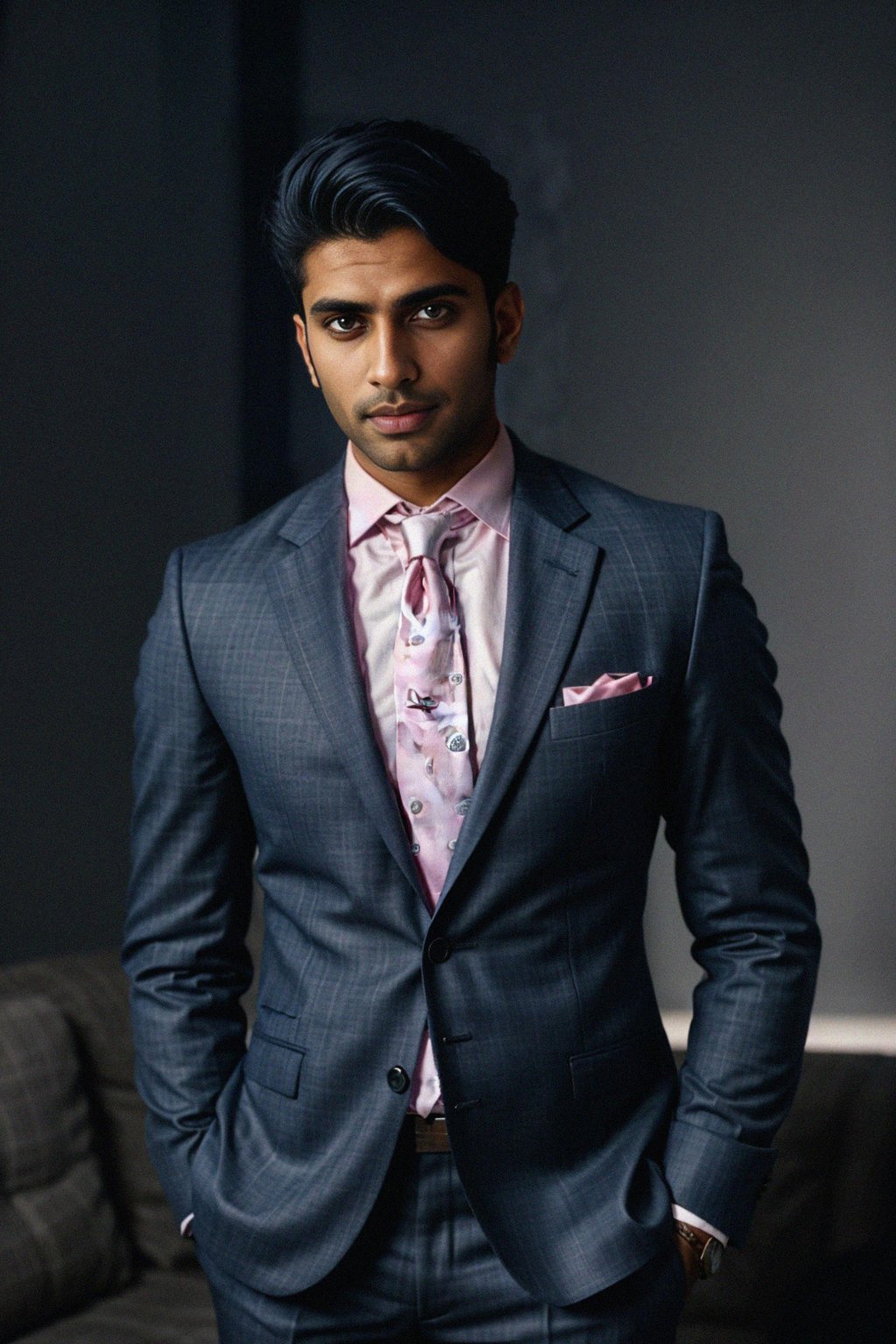 handsome and stylish man wearing a classic navy herringbone suit with a light pink dress shirt and a polka dot tie