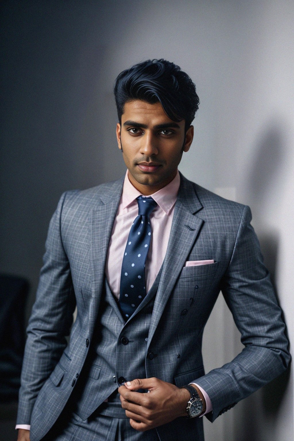 handsome and stylish man wearing a classic navy herringbone suit with a light pink dress shirt and a polka dot tie