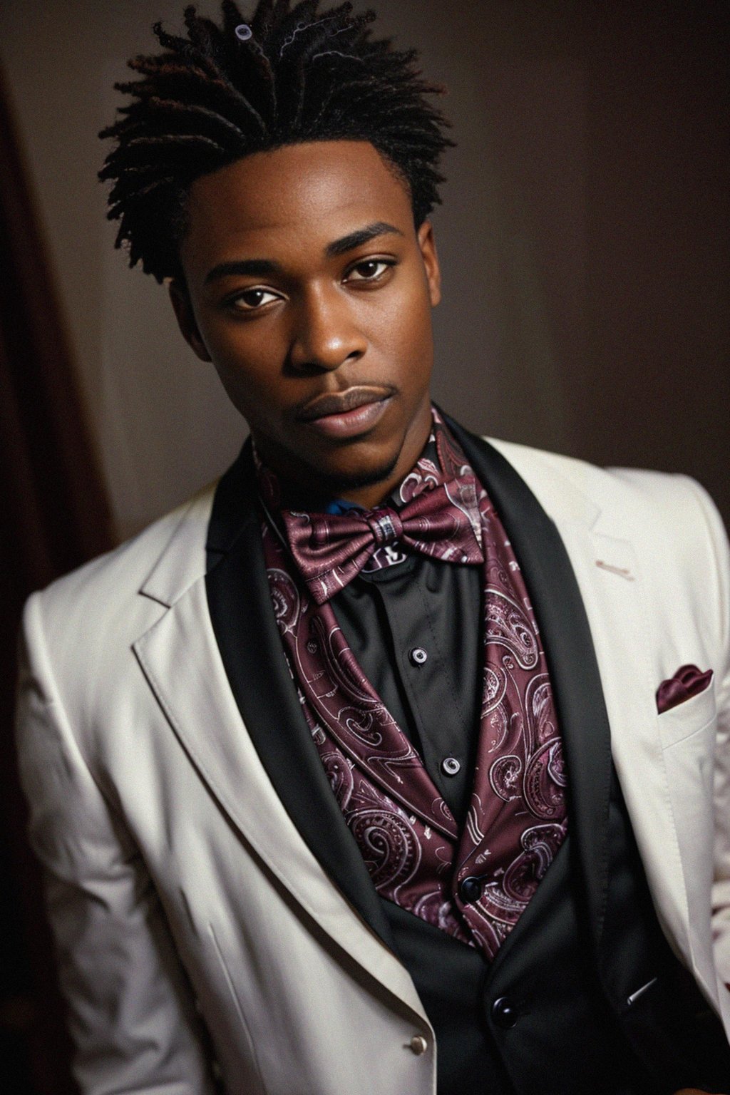 handsome and stylish man trying on a stylish three-piece suit in a rich burgundy color with a crisp white shirt and a paisley patterned pocket square