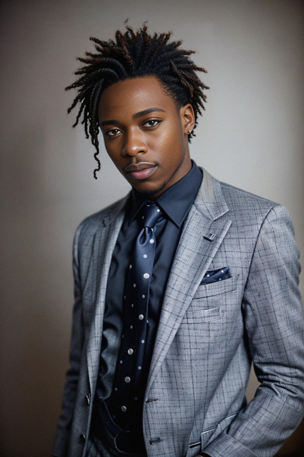 handsome and stylish man wearing a classic navy herringbone suit with a light pink dress shirt and a polka dot tie