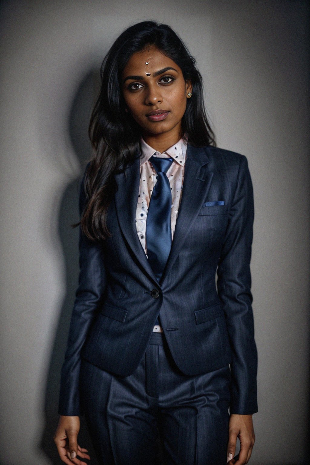 woman wearing a classic navy herringbone suit with a light pink dress shirt and a polka dot tie