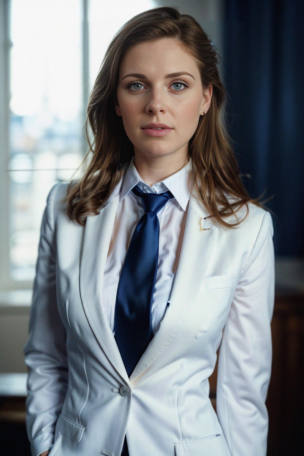 woman wearing a classic navy blue suit with a crisp white dress shirt and a patterned tie