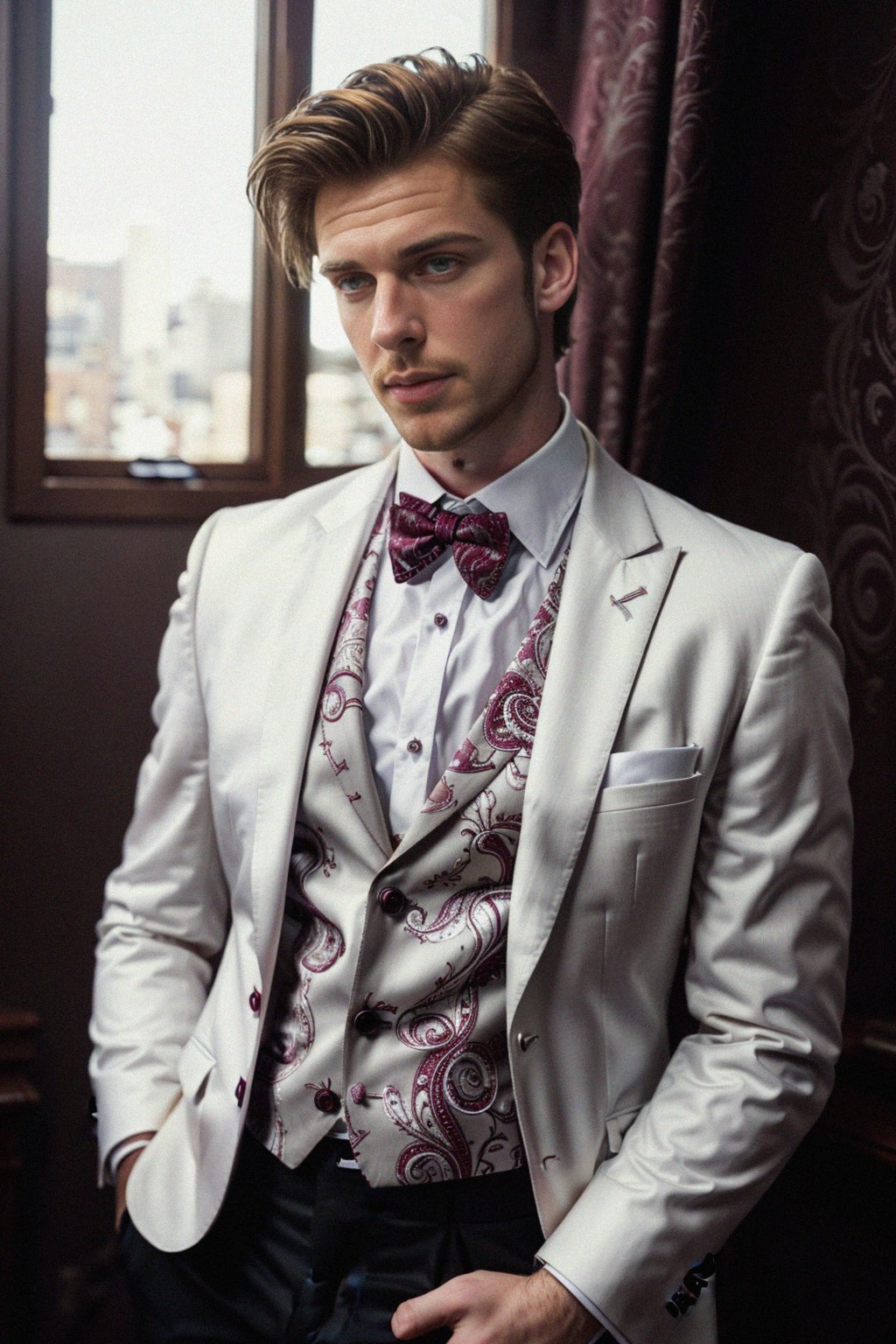 handsome and stylish man trying on a stylish three-piece suit in a rich burgundy color with a crisp white shirt and a paisley patterned pocket square