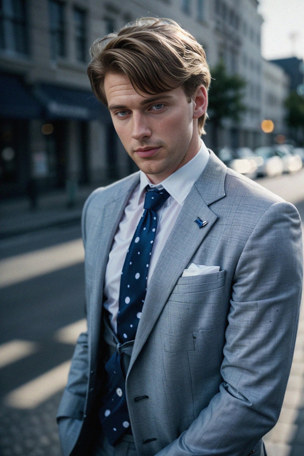 handsome and stylish man wearing a classic navy herringbone suit with a light pink dress shirt and a polka dot tie