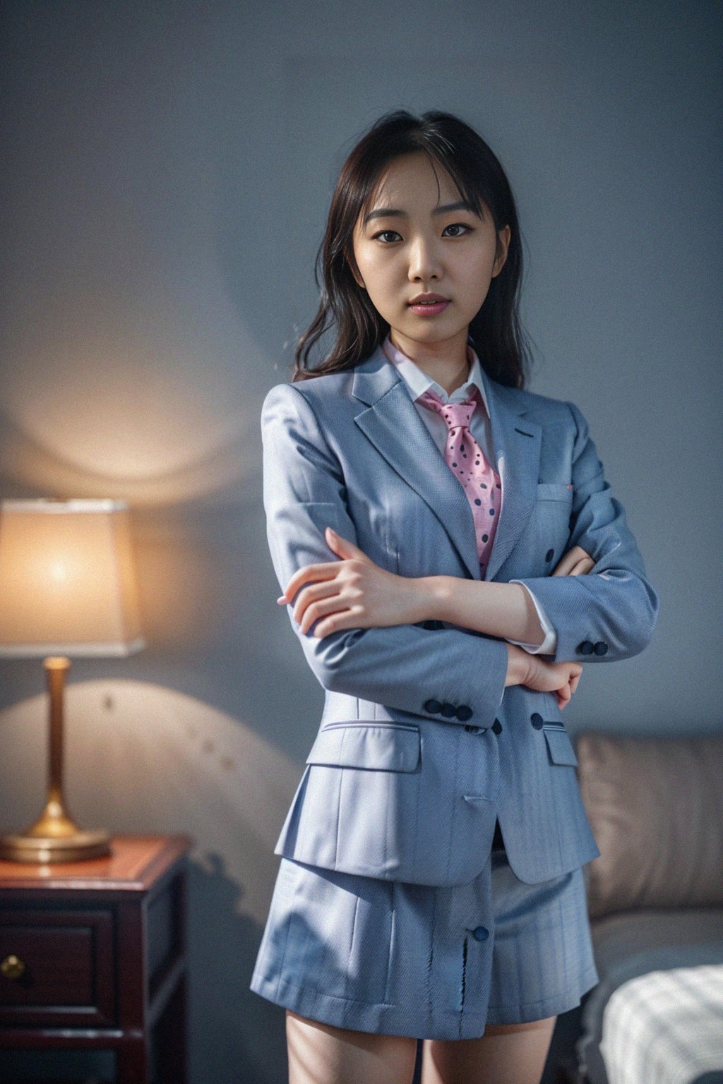 woman wearing a classic navy herringbone suit with a light pink dress shirt and a polka dot tie