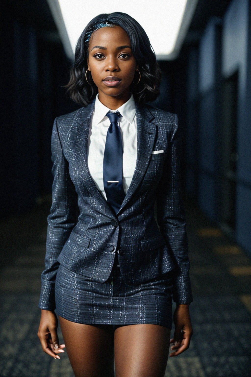 woman wearing a classic navy blue suit with a crisp white dress shirt and a patterned tie