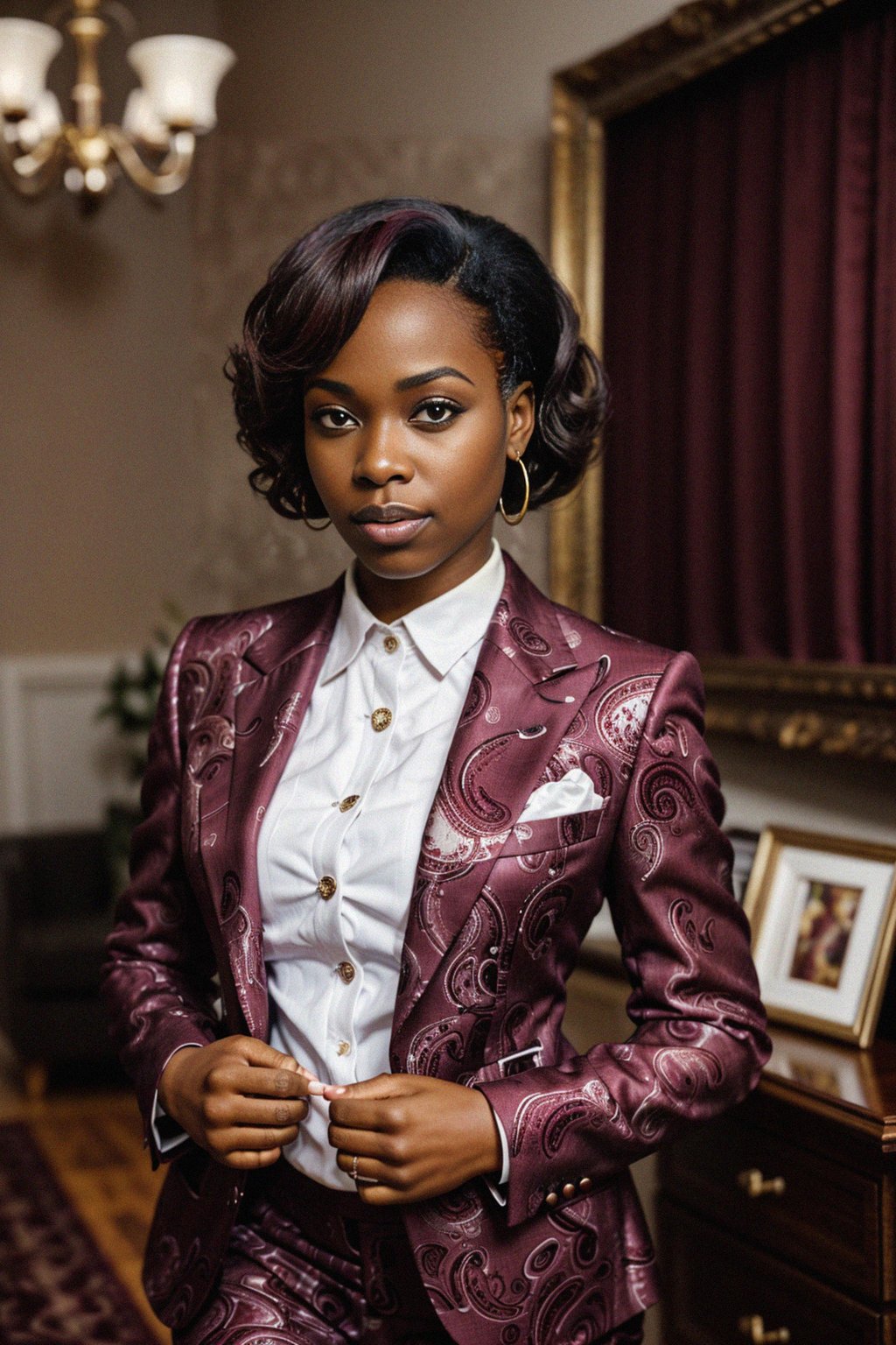 woman trying on a stylish three-piece suit in a rich burgundy color with a crisp white shirt and a paisley patterned pocket square