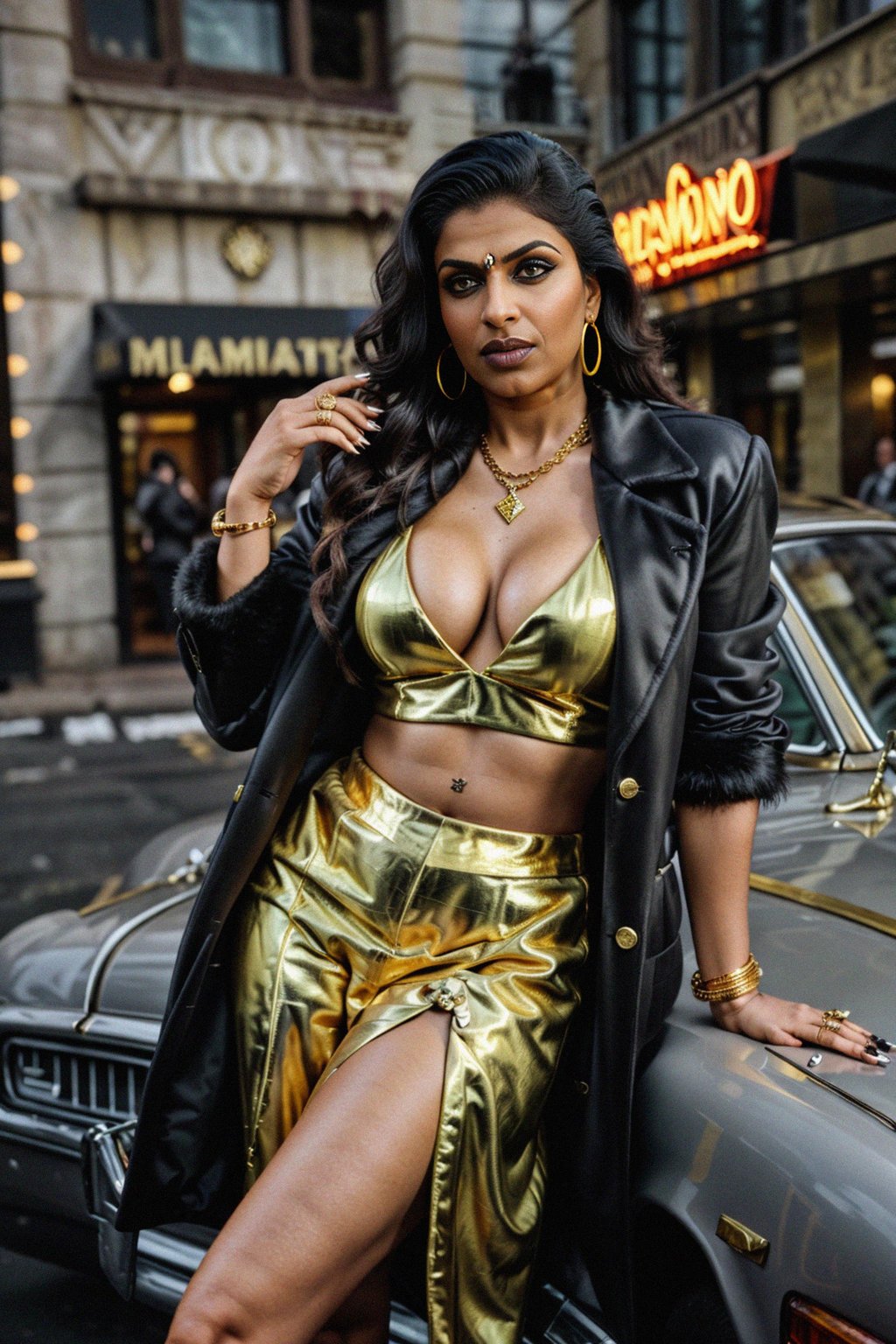 beautiful woman as a mobster, mafia, mafia outfit, faux fur coats, chunky gold jewelry, mafia aesthetic, flashy, glamorous, luxury, loud, Goodfellas, The Sopranos, Mob Wives, opulence, confidence