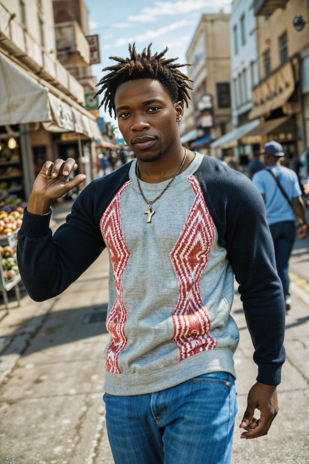 a charismatic masculine  man exploring a vibrant street market, capturing the essence of a cultural experience