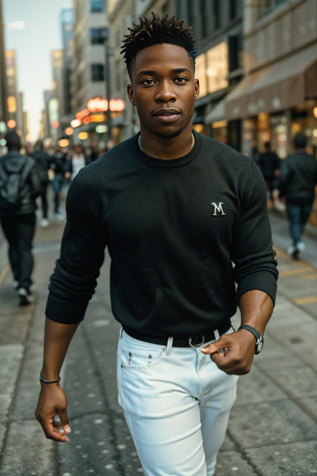 a confident masculine  man exploring a bustling city street, capturing the energy and excitement of urban life