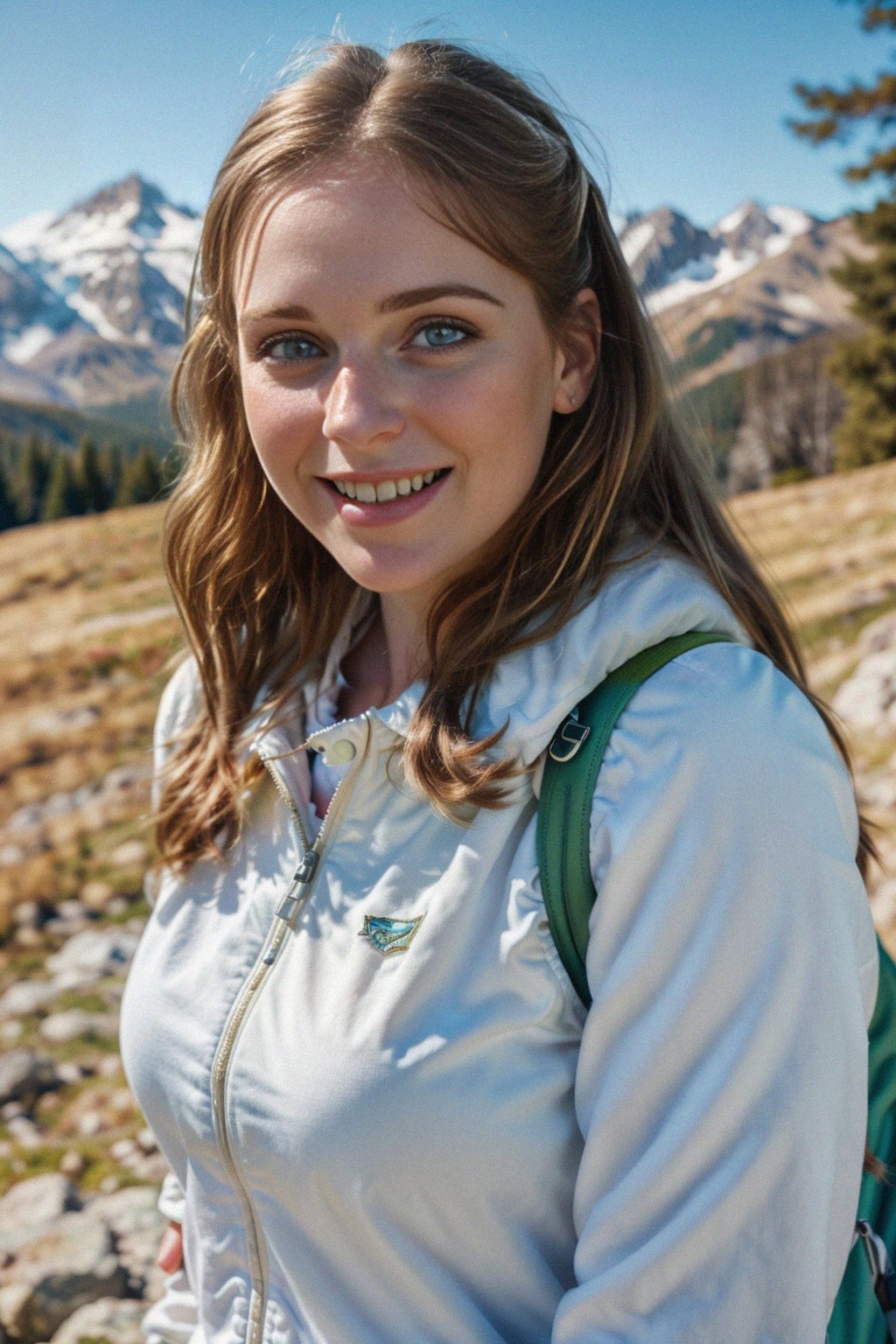 smiling  feminine woman in going hiking outdoors in mountains