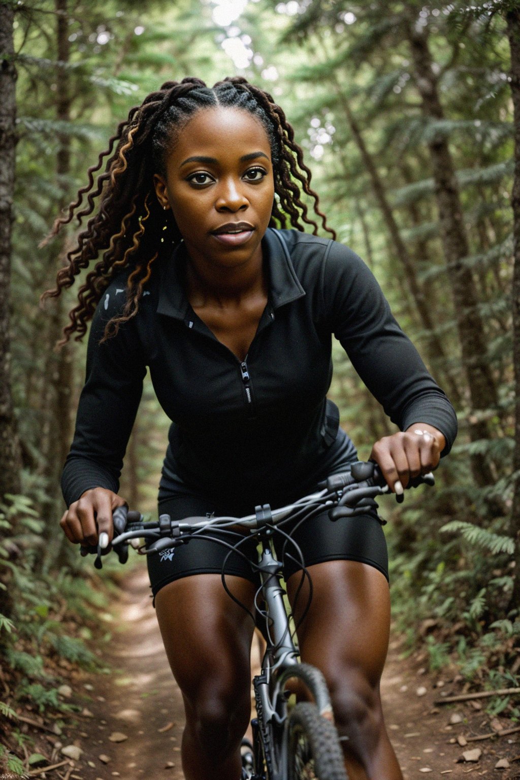 woman as individual mountain biking through a dense forest trail