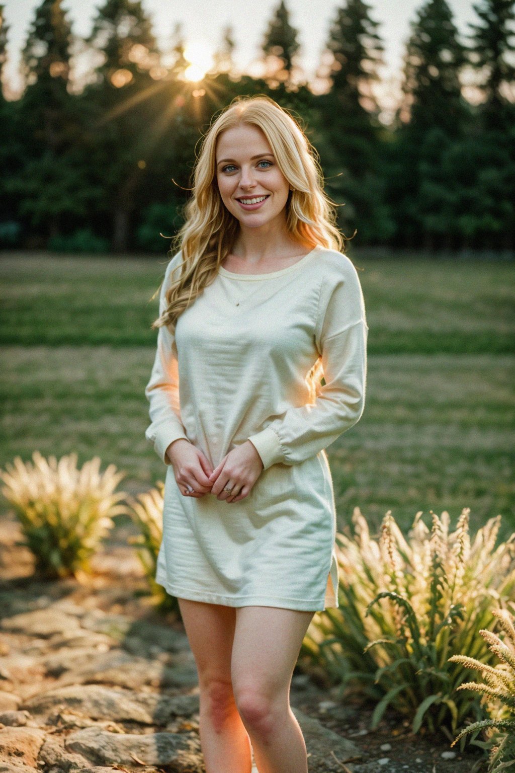 full body shot of smiling woman in engagement photoshoot. engagement style. wearing casual clothes.  golden hour