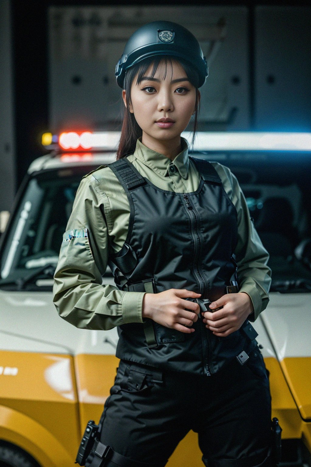 woman as a SWAT Officer. wearing black swat vest, swat helmet, holding pdw