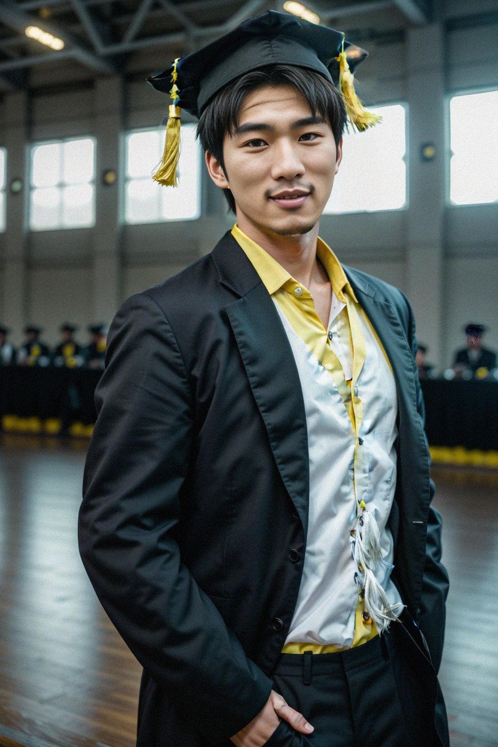 happy  man in Graduation Ceremony wearing a square black Graduation Cap with yellow tassel at college