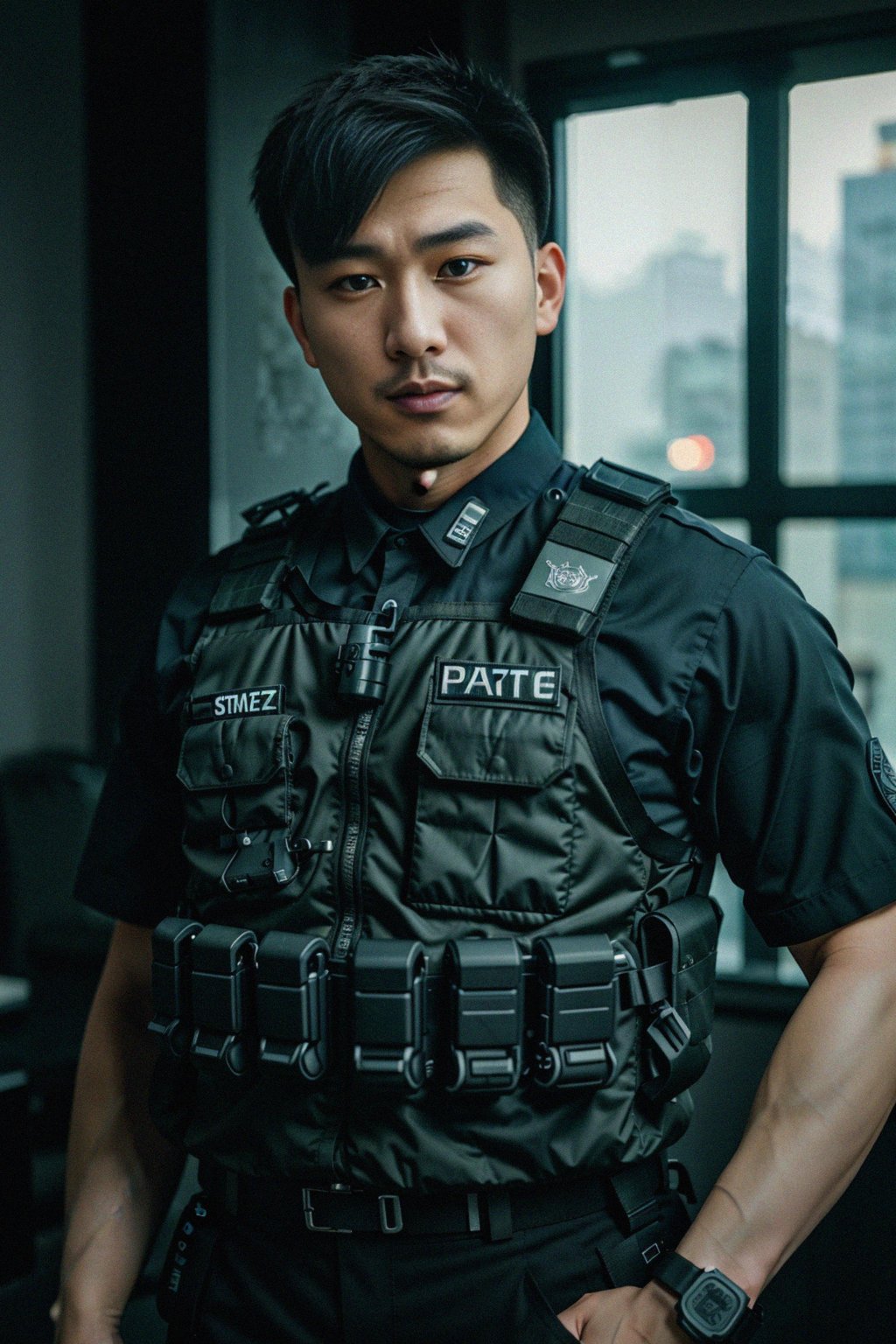 man as a SWAT Officer. wearing black swat vest, swat helmet, holding pdw