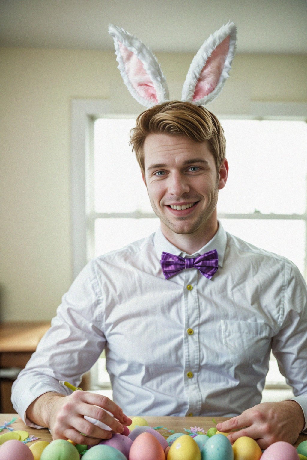 smiling man dressed up for Easter with Easter Bunny Ears at the Easter Breakfast. Easter Eggs. Easter Bunny