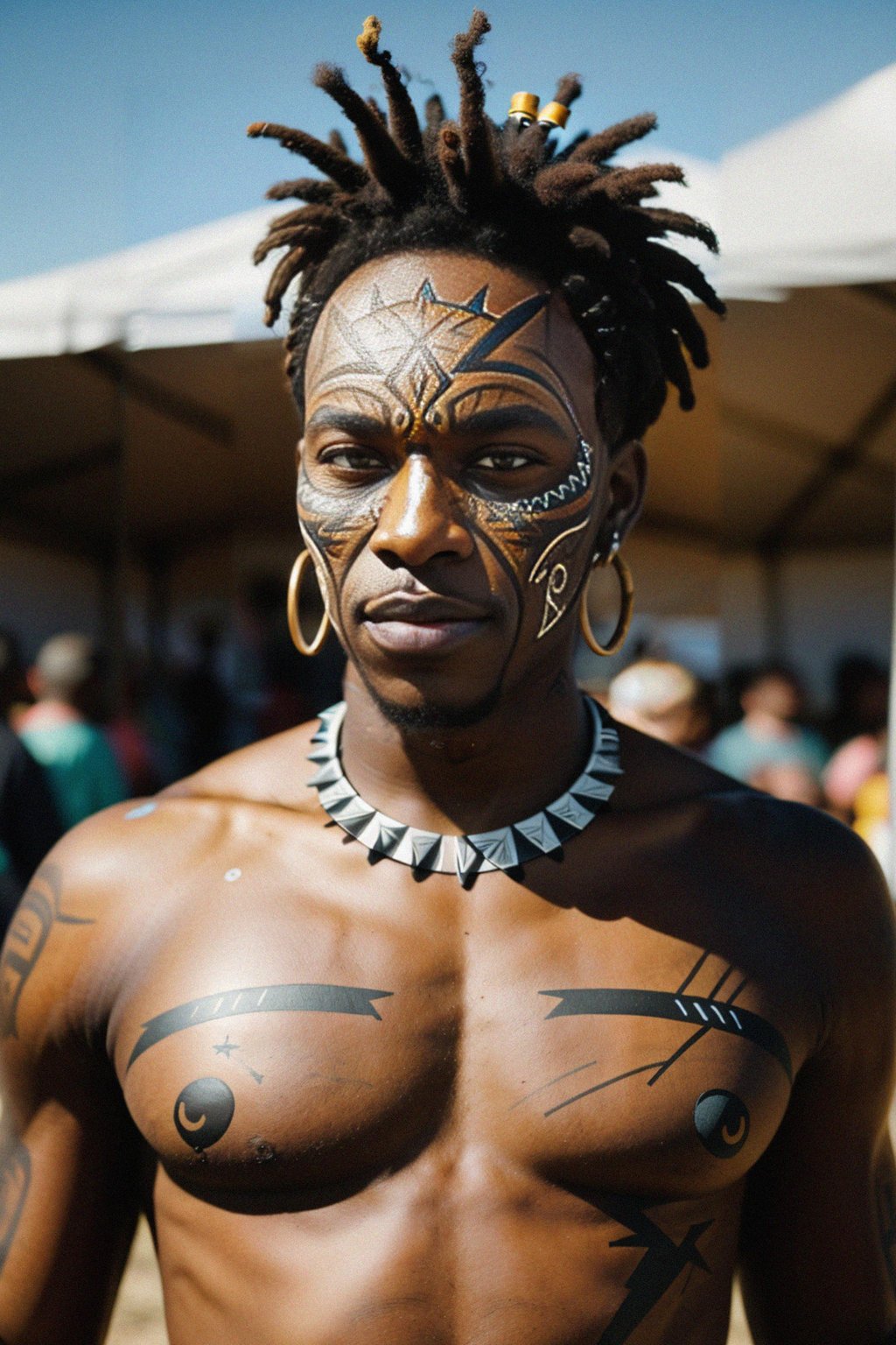 a man with  a tribal face paint design, adding an element of tribal and cultural inspiration to their festival look