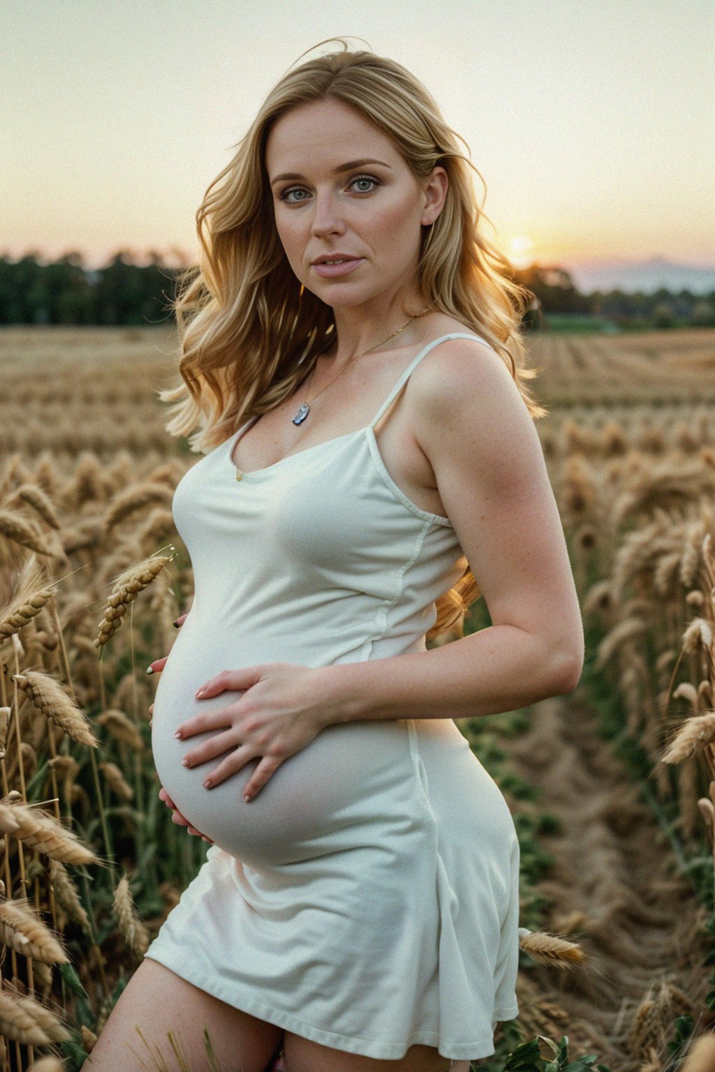 healthy pregnant woman in maternity photographs, beautiful pregnant woman, maternity photography in field of wheat. golden hour