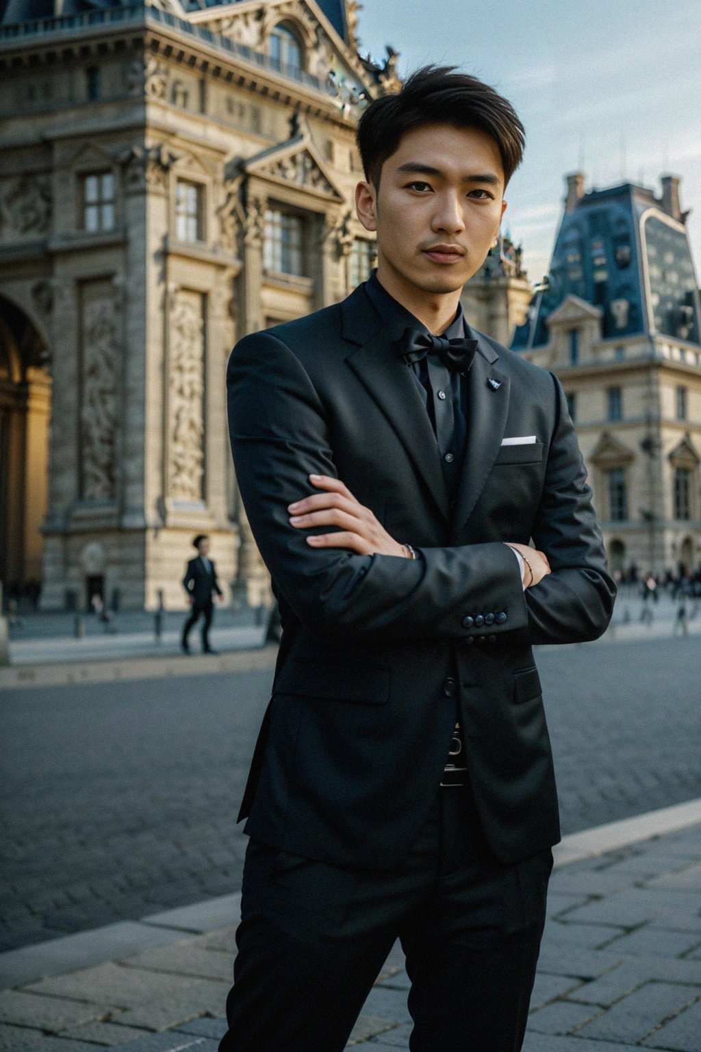 sharp and trendy man in Paris wearing a chic black dress/suit, Louvre pyramid in the background